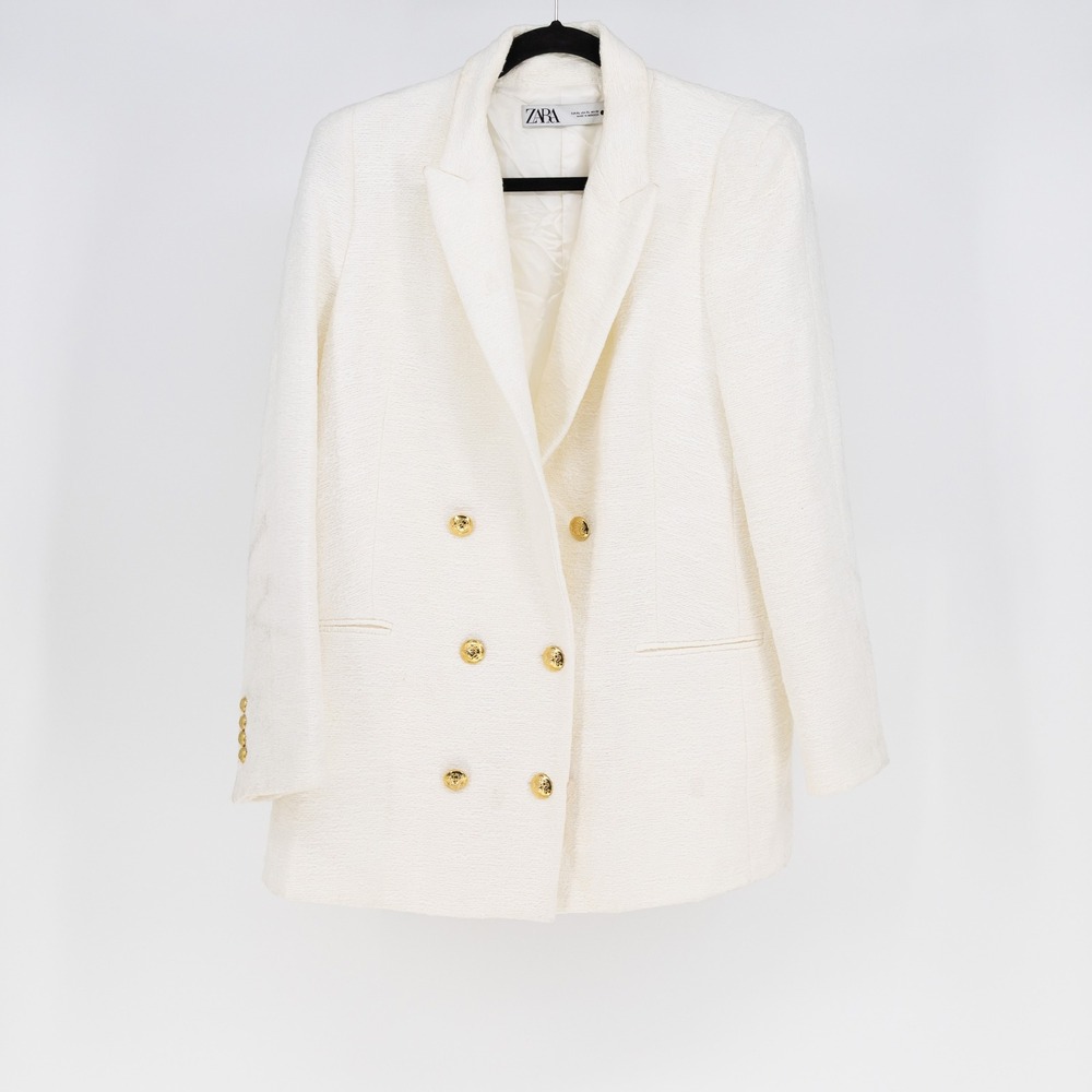 Zara Women's Textured Woven Double Breasted Blazer Jacket Ivory Gold XL